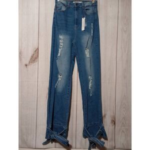 Highway Jeans Ladies 9 High‎ Rise Skinny Light Wash Tie Bottom Hem Distressed